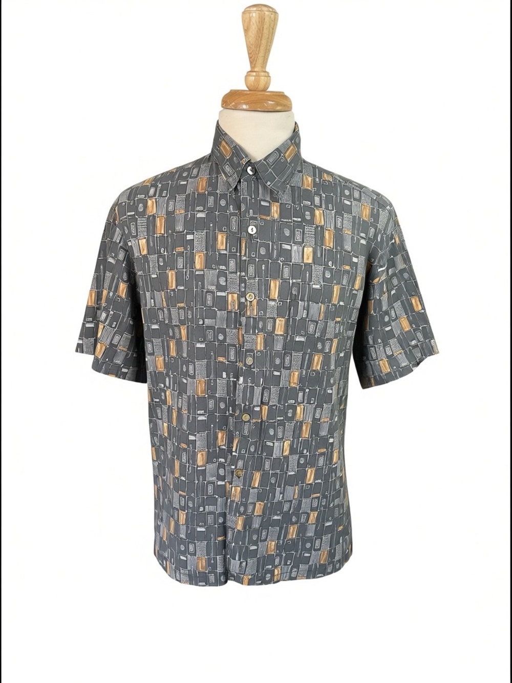 Tori Richard Honolulu Cotton Button Up Shirt Mens Small Geometric Print Grey